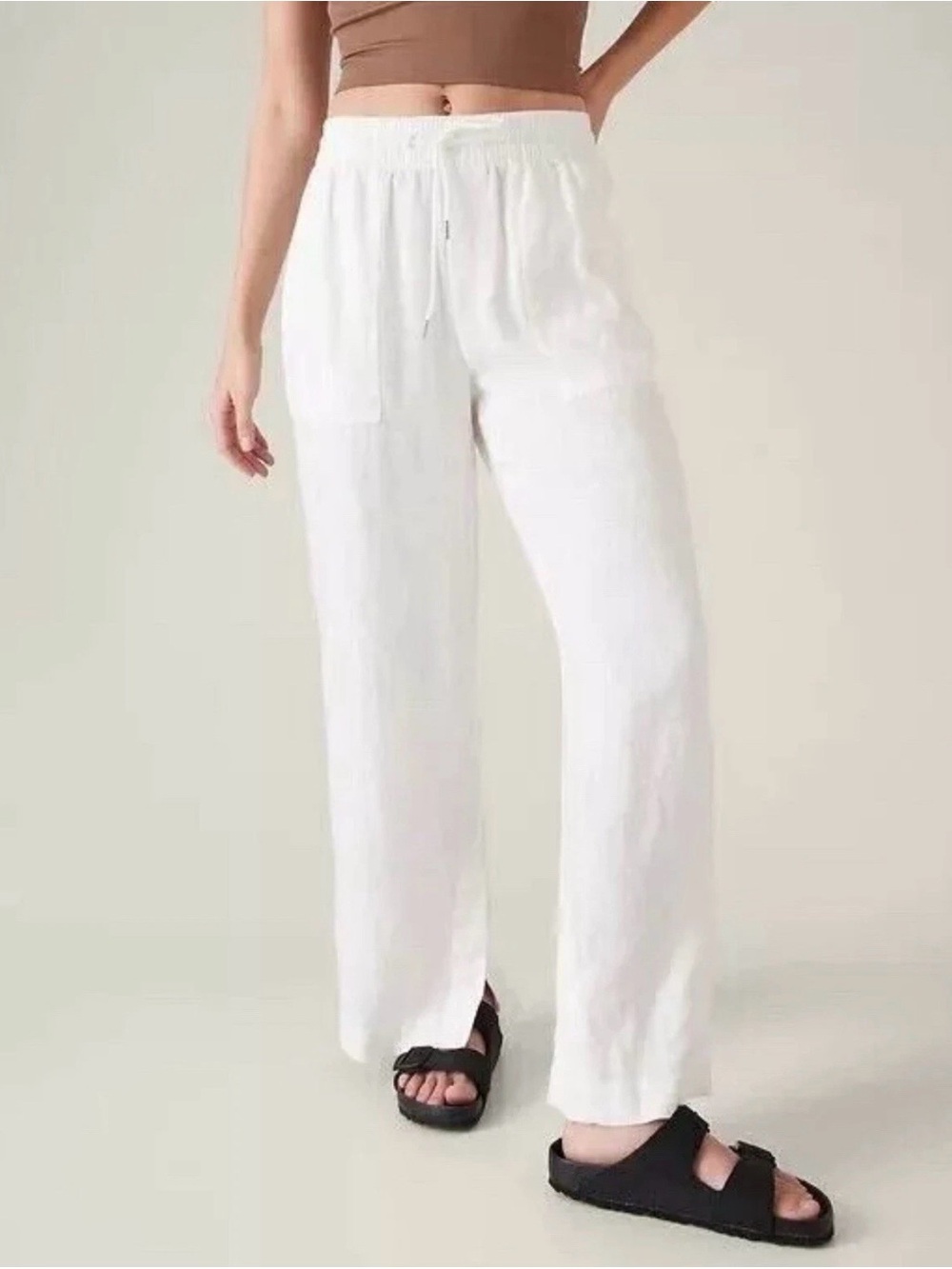 ATHLETA 16~WHITE RETREAT LINEN HIGH RISE WIDE LEG PANTS DRAWSTRING WAIST TROUSER